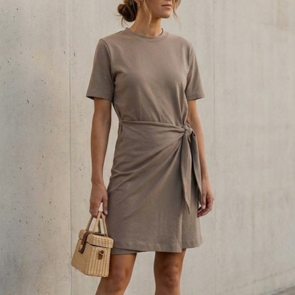 VINCE Side Tie Cotton T-shirt Dress In Brown/Taupe, Size Xs-Tp